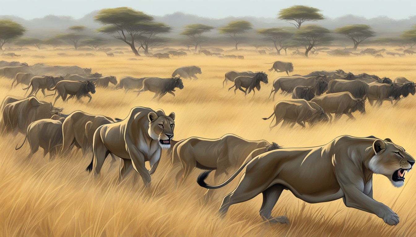 A lioness prowls through a grassy savanna, stalking a herd of wildebeest. Her powerful muscles ripple as she prepares to pounce, embodying the strength and agility of a carnivore diet