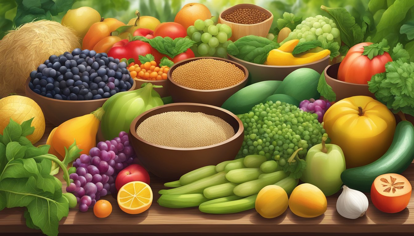 A diverse array of colorful fruits, vegetables, grains, and legumes spread out on a wooden table, surrounded by vibrant greenery and natural sunlight