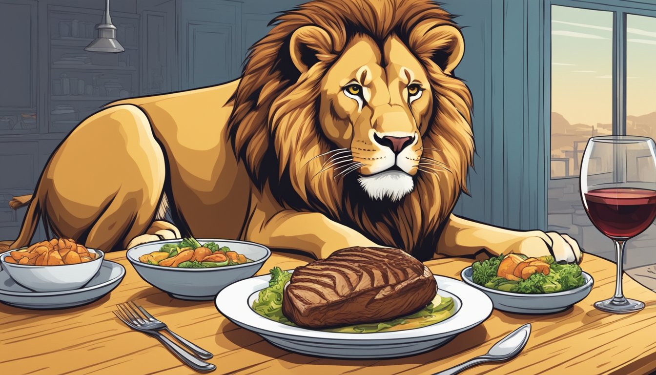 A lion turning away from a plate of lean chicken towards a juicy steak, with a puzzled expression