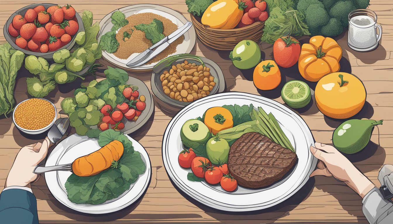 A table covered in a variety of fruits, vegetables, and grains, with a discarded steak and empty plate nearby. A person looks relieved