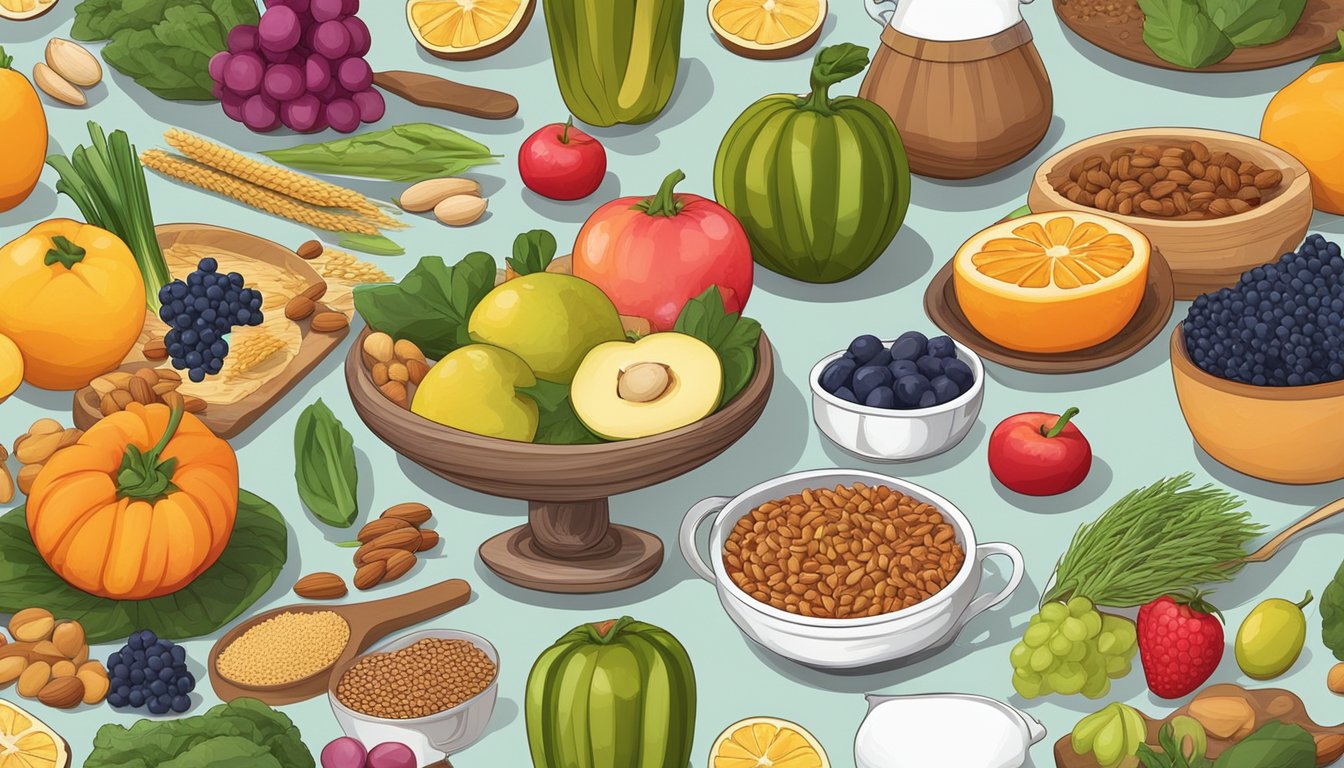 A table set with an array of colorful fruits, vegetables, nuts, and grains, with a variety of cooking utensils and cookbooks scattered around