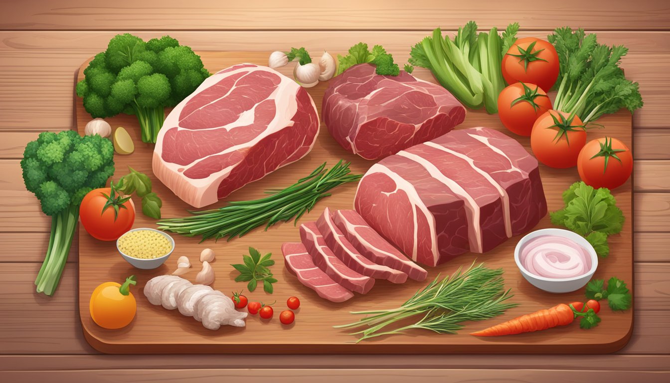 A variety of raw meats, including beef, pork, and poultry, are displayed on a wooden cutting board, surrounded by fresh vegetables and herbs