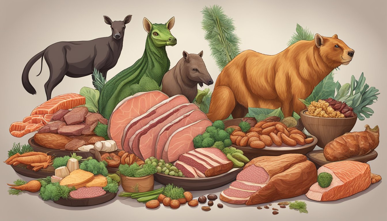 A variety of carnivorous animals feasting on a diverse array of meats, showcasing the benefits of including different types of protein in the carnivore diet