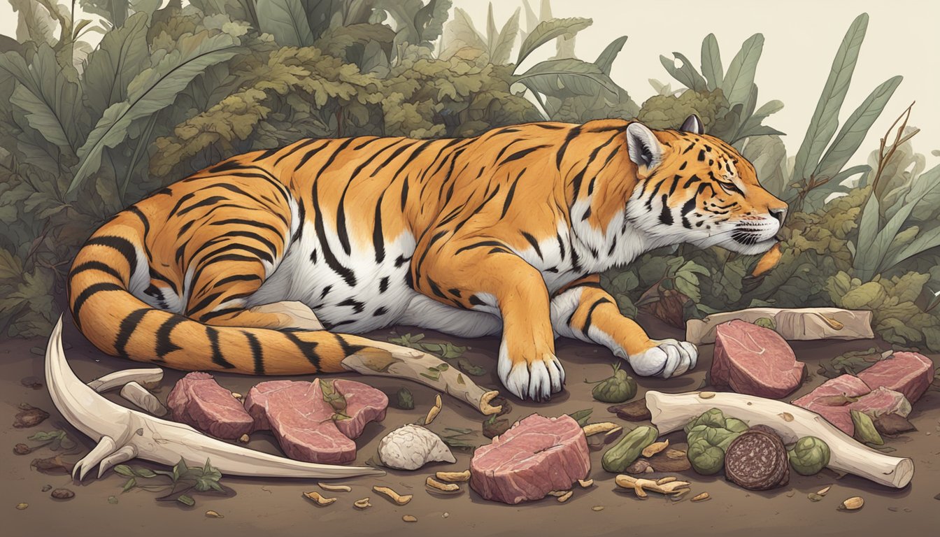 A carnivorous animal lounges contentedly beside a fresh kill, surrounded by scattered bones and bits of meat