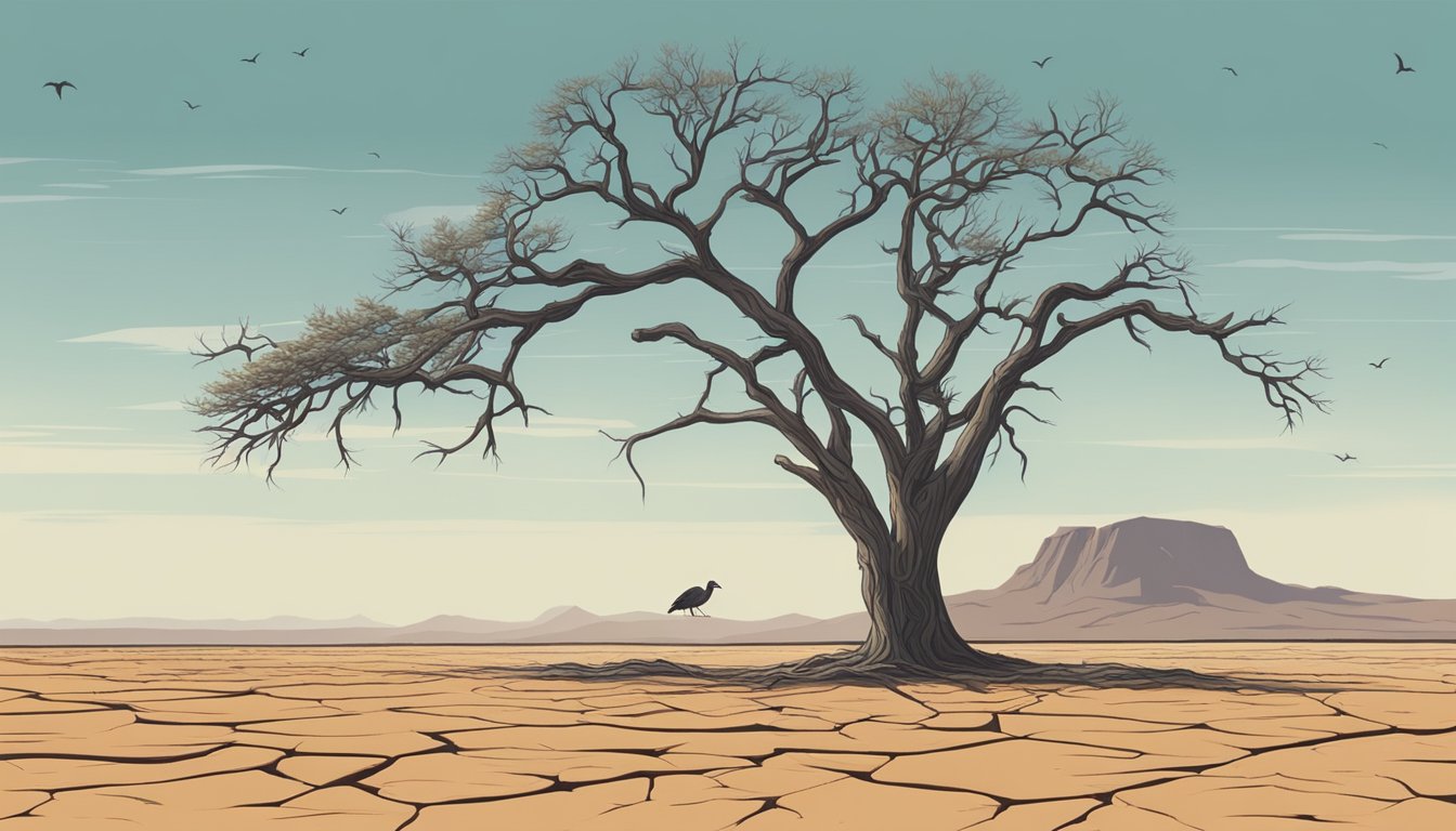 A barren landscape with a lone tree struggling to survive amidst dry, cracked earth. A solitary vulture circles overhead, symbolizing the temporary nature of the carnivore diet