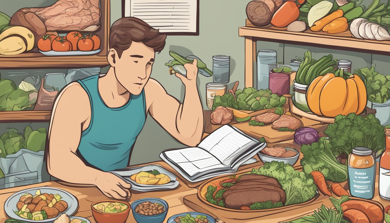 A carnivore dieter surrounded by various meats, vegetables, and meal planning tools, with a calendar showing a short-term schedule for omad eating