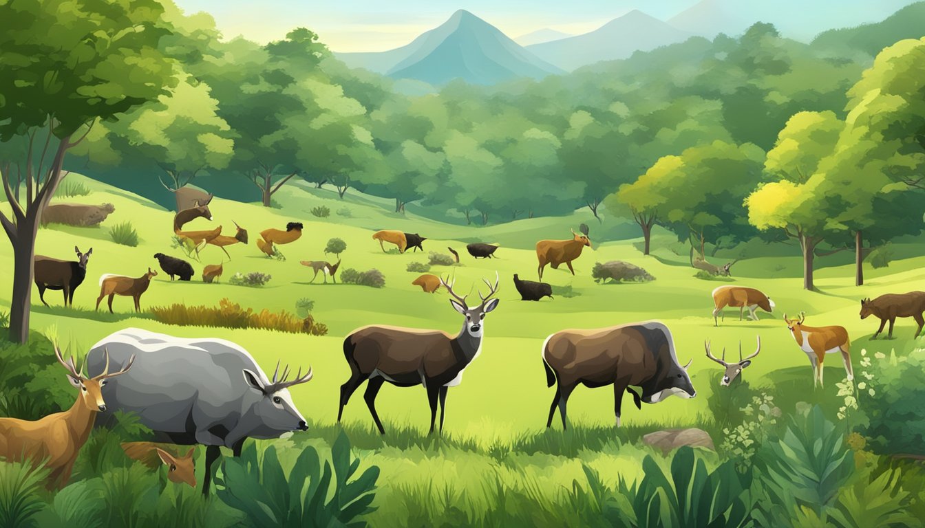 A lush green landscape with a variety of wild game animals grazing peacefully, showcasing the abundance of natural food sources for a carnivore diet