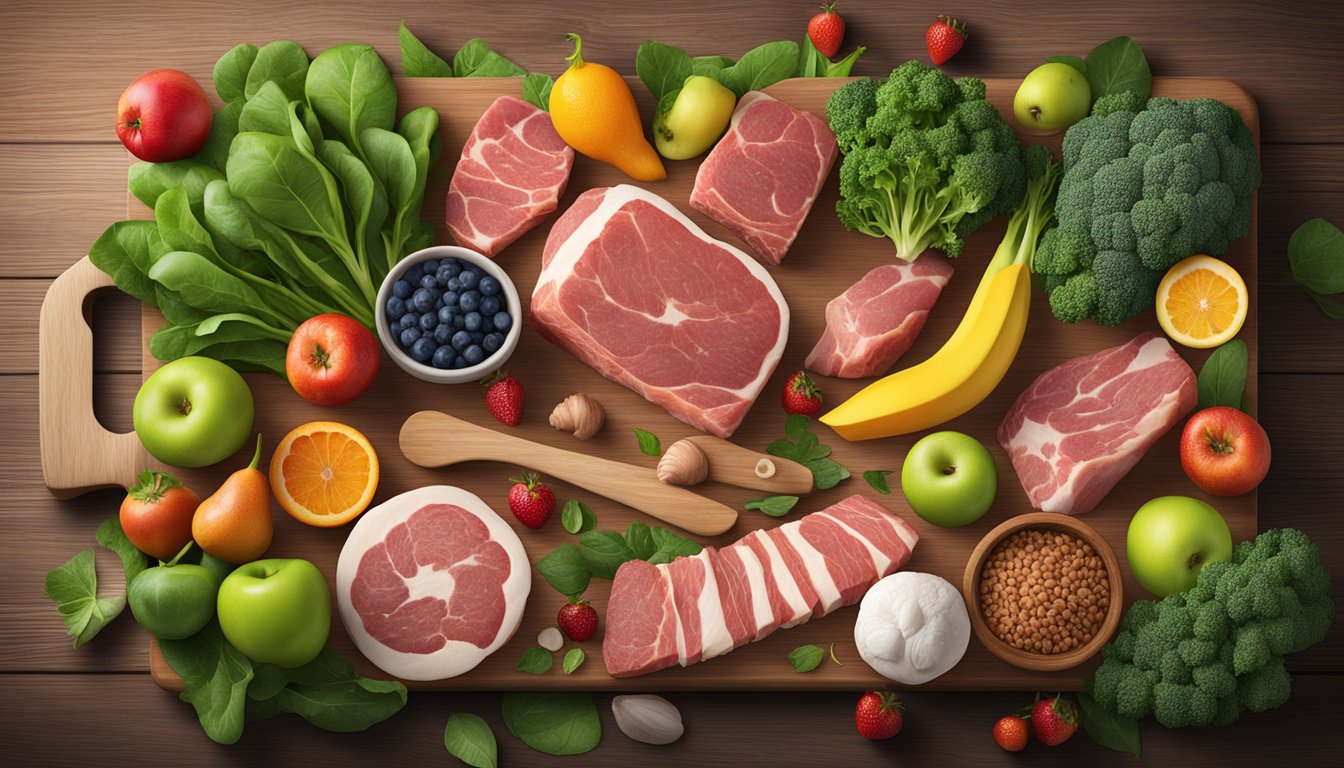 A variety of fresh, raw meats and bones arranged on a wooden cutting board, surrounded by vibrant green leafy vegetables and colorful fruits