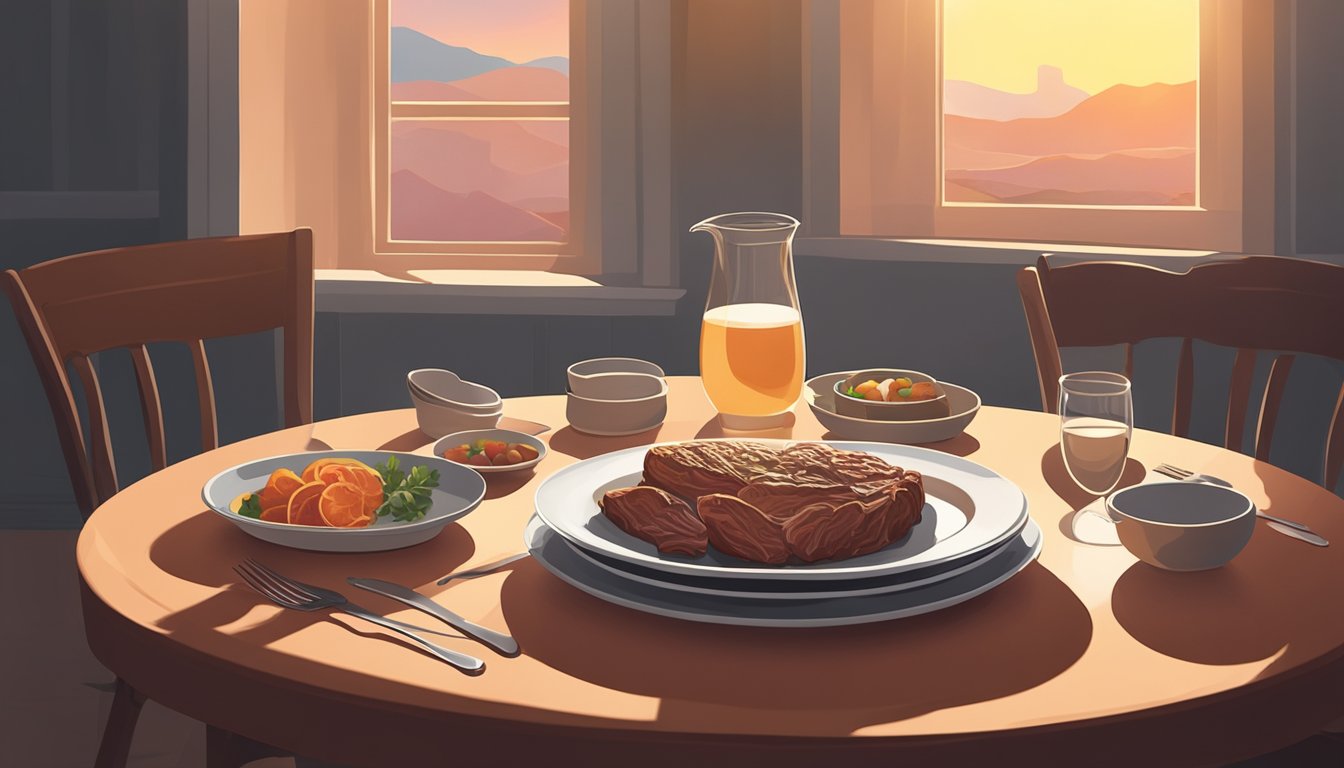 A lone plate of meat sits untouched on a table, surrounded by empty dishes. The setting sun casts long shadows across the room, creating a sense of fleeting satisfaction