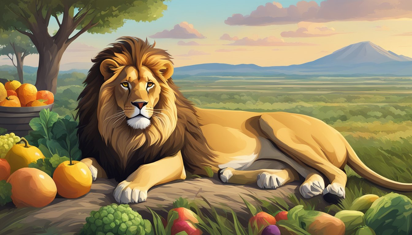 A lion lounging in the savanna, surrounded by fresh kills, ignoring a nearby pile of fruit and vegetables