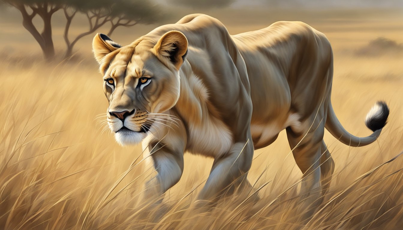 A lioness prowls through the savanna, her powerful muscles rippling as she hunts for her next meal. The carcass of a zebra lies nearby, evidence of her successful carnivorous diet