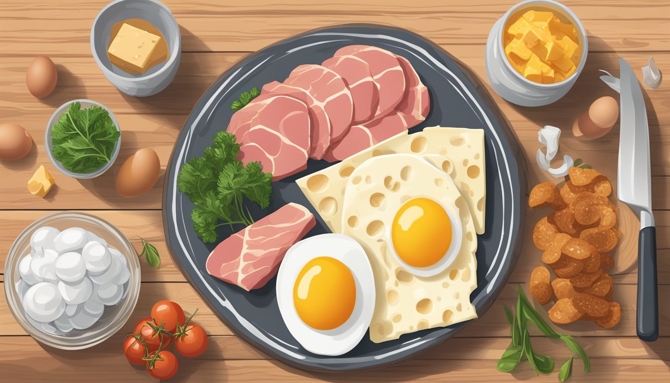 A spread of fresh meat, eggs, and cheese on a wooden cutting board, alongside a glass of water and a carnivore meal plan