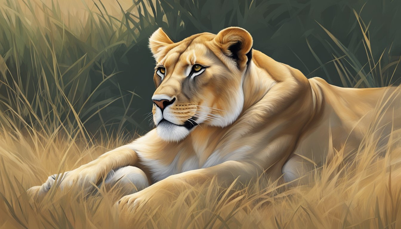 A lioness lounges in the savanna, content after a meal. Her sleek form exudes strength and satisfaction, embodying the unnecessary nature of snacking on a carnivore diet