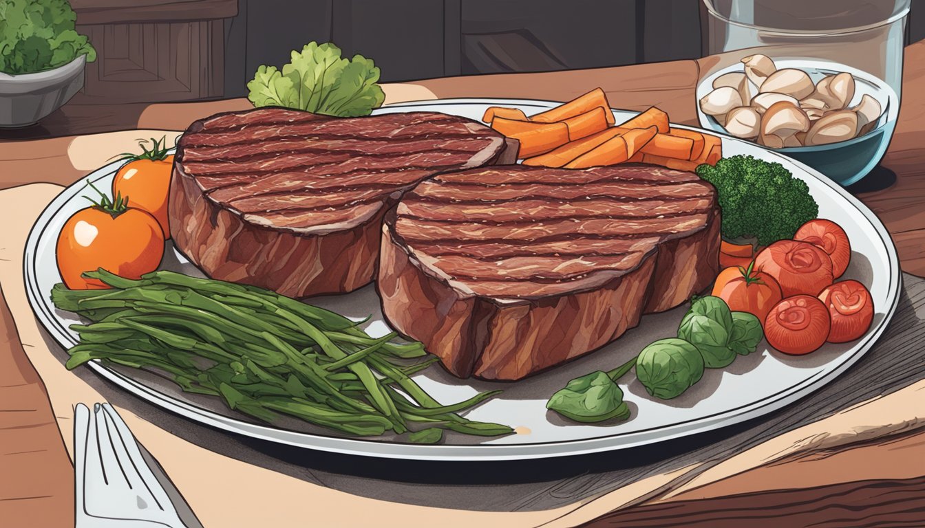 A plate of steaks and bacon with a pile of vegetables, a heart, and arteries in the background