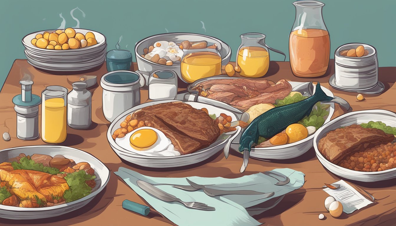 A carnivorous feast of meat, fish, and eggs surrounded by a blood lipid test showing lowered triglyceride levels