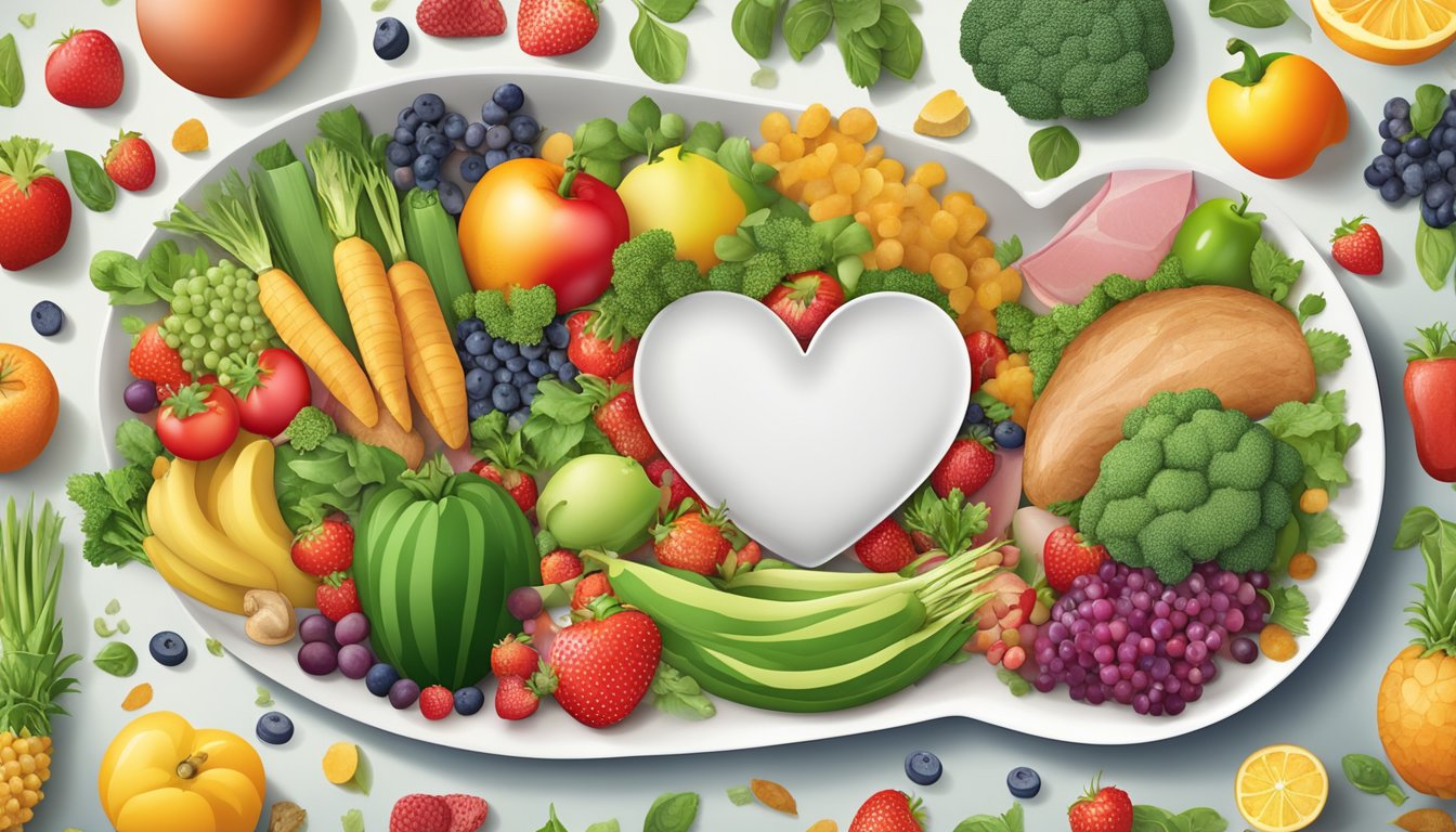 A variety of colorful fruits, vegetables, grains, and lean meats arranged on a plate, with a heart symbol in the center