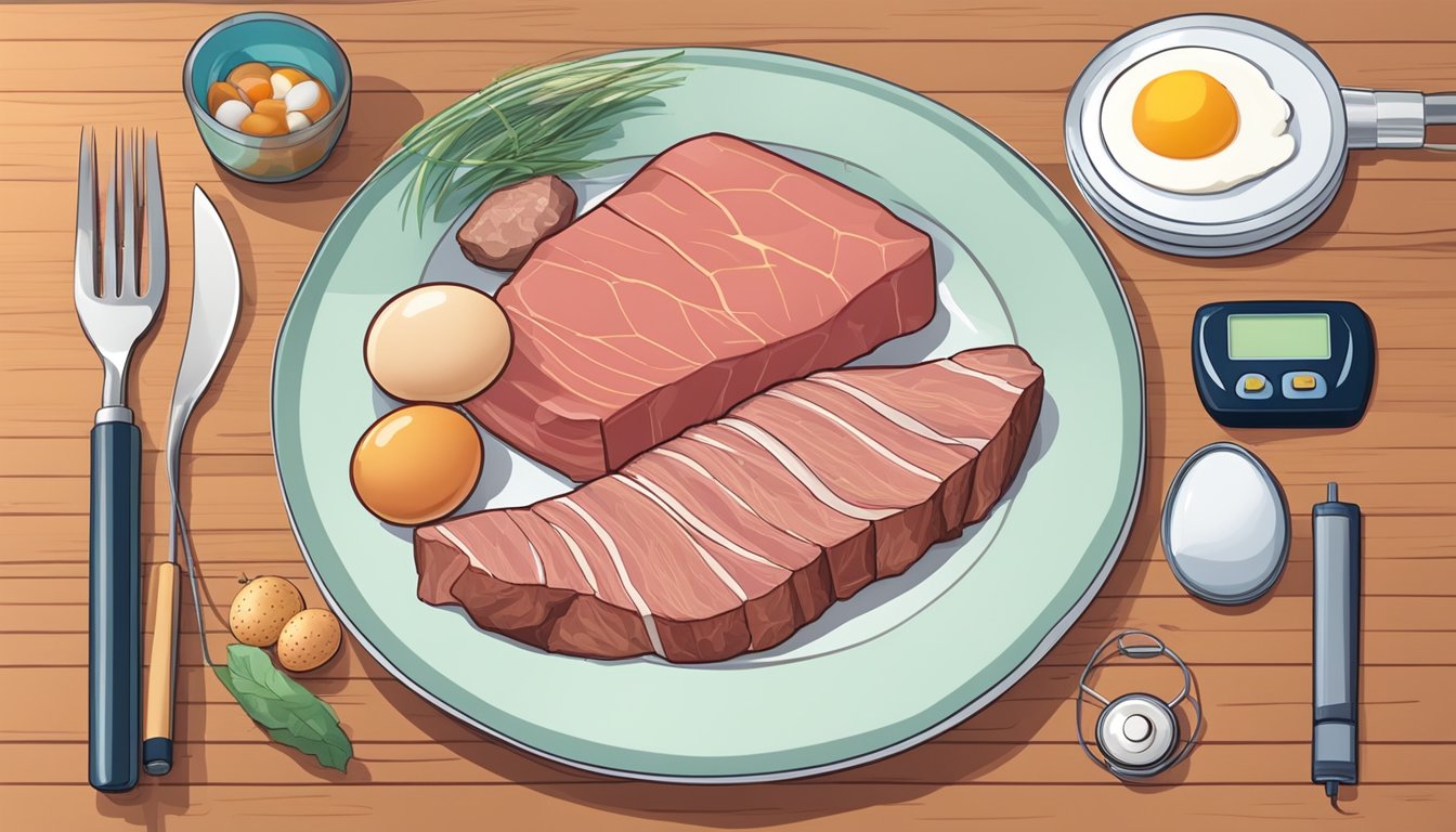 A plate of meat, fish, and eggs next to a blood sugar monitor showing lower levels