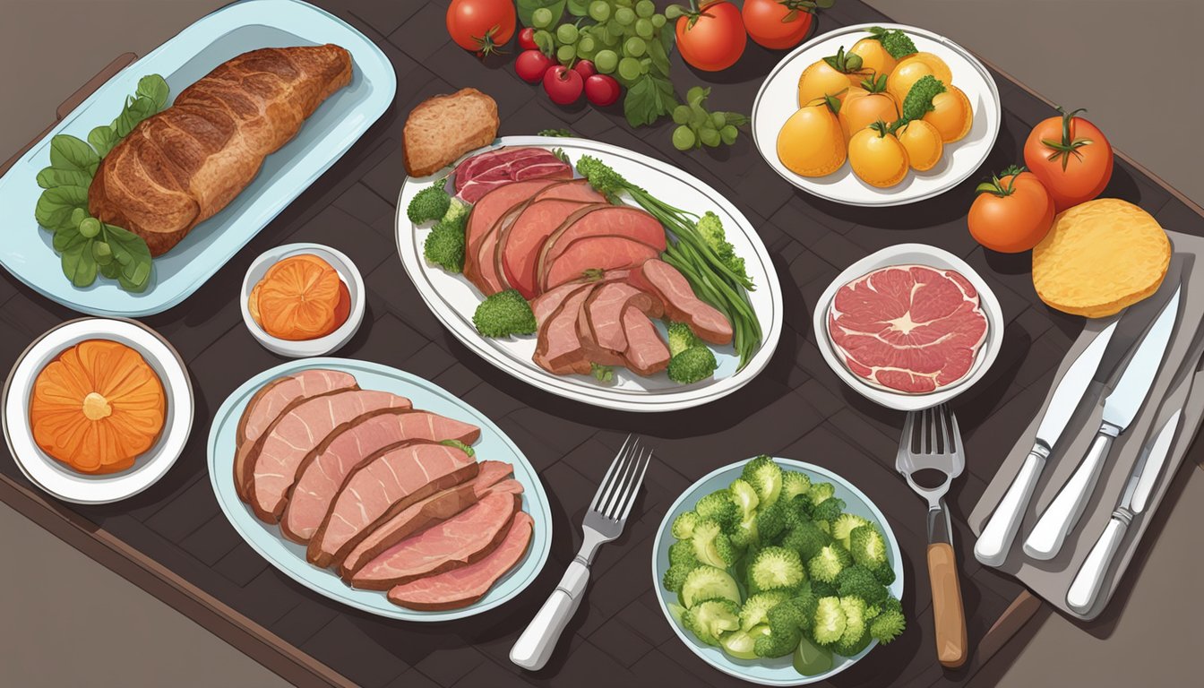 A table set with various meats, vegetables, and fruits, with a knife and fork placed next to a plate