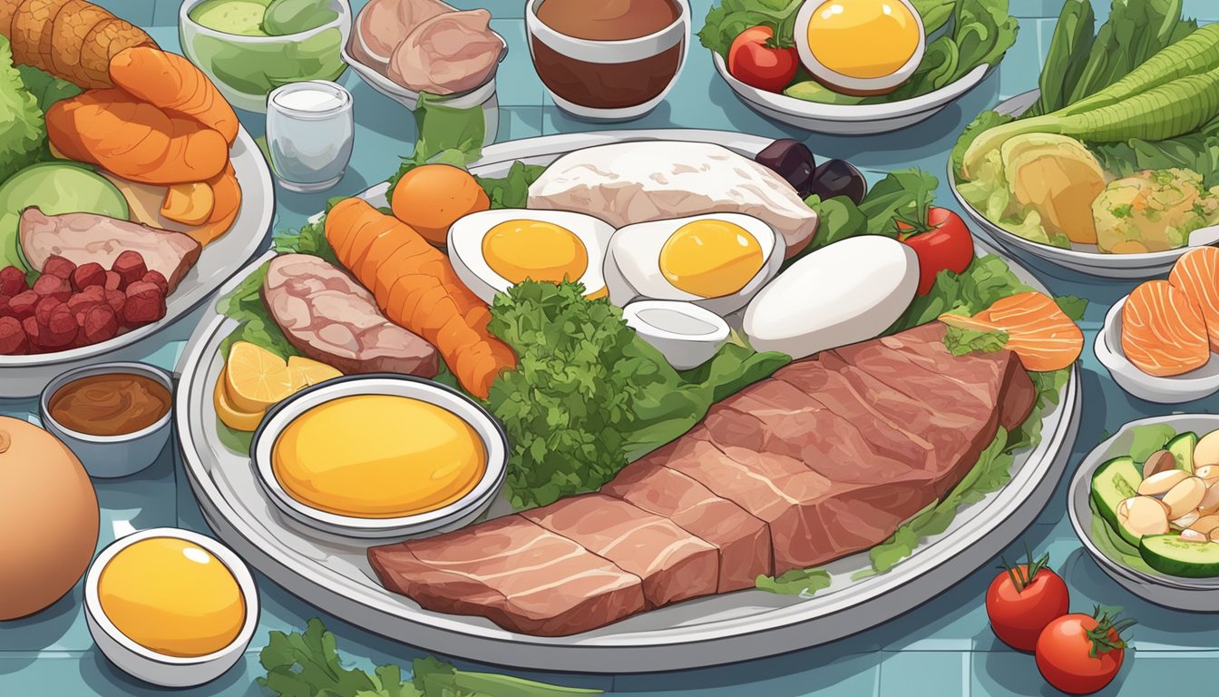 A plate with a variety of meats, fish, and eggs, surrounded by fresh vegetables and fruits. A blood sugar monitor and A1c test results are visible in the background