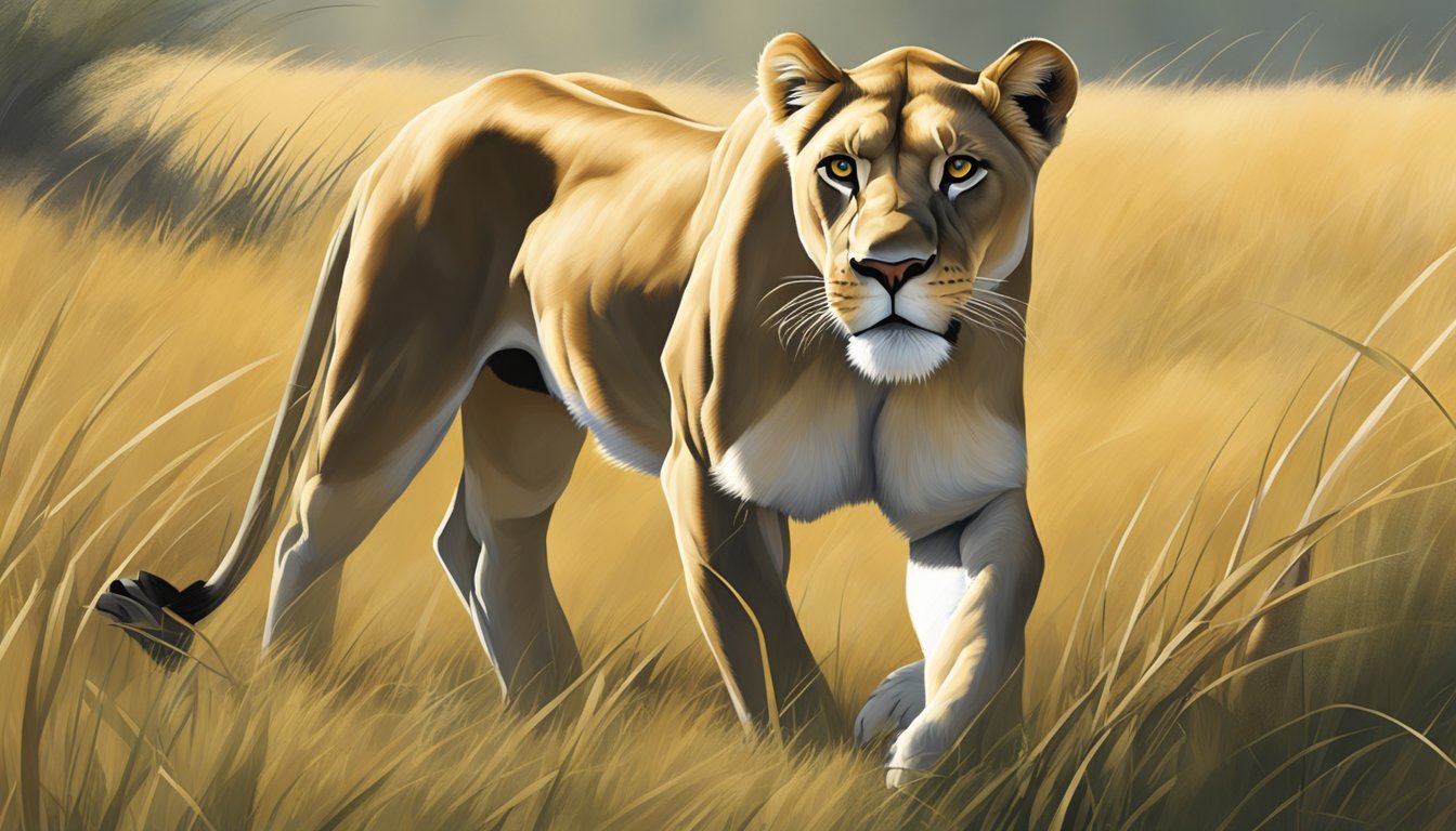 A lioness prowls through a grassy savannah, stalking her prey with focused determination. Her powerful muscles ripple beneath her sleek coat as she prepares to pounce