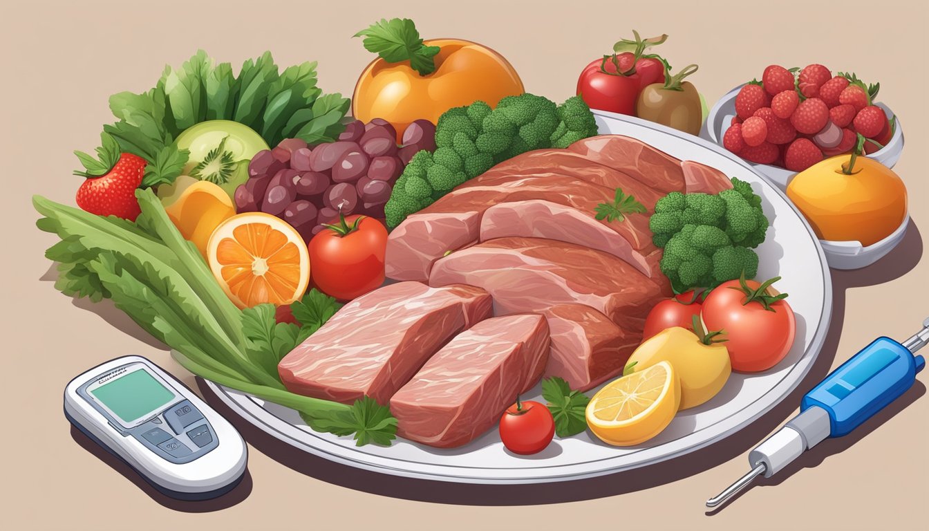 A plate filled with various types of meat and animal products, surrounded by fresh vegetables and fruits, with a blood glucose monitor and A1C test kit nearby