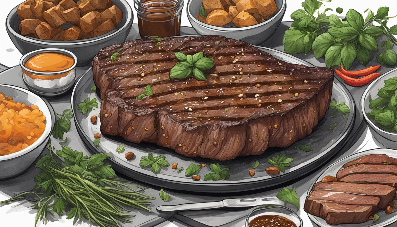 A carnivorous feast: a juicy steak sizzling on a grill, drizzled with Worcestershire sauce, surrounded by fresh herbs and spices