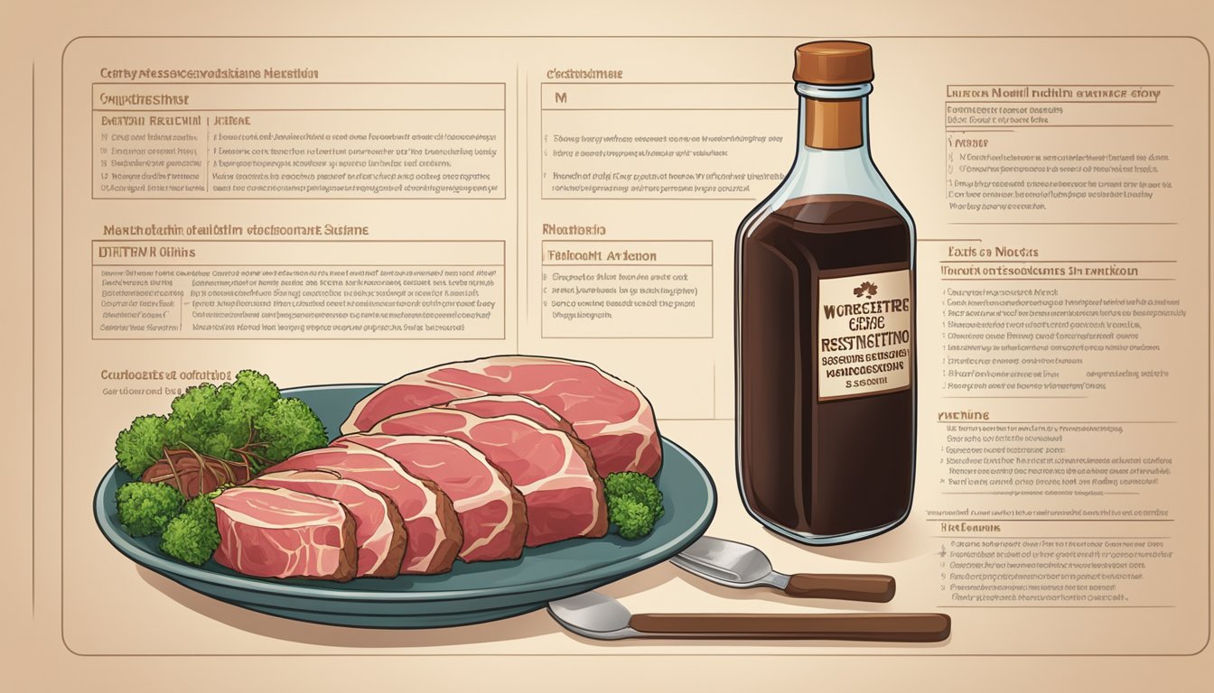 A bottle of worcestershire sauce sits next to a plate of raw meat, with a list of dietary restrictions and health considerations in the background