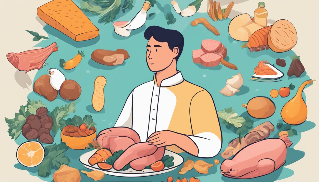 A person surrounded by various meats and animal products, with a mix of healthy and concerning symbols floating around them