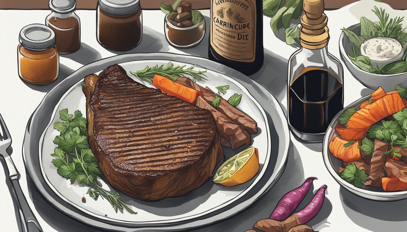 A bottle of Worcestershire sauce sits next to a platter of grilled meat, surrounded by herbs and spices. A carnivore diet book is open nearby