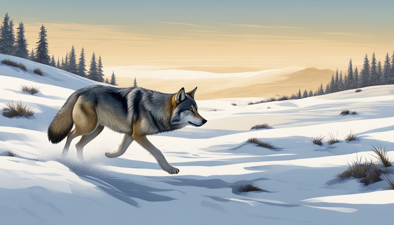 A lone wolf hunting for prey in a barren, snow-covered landscape