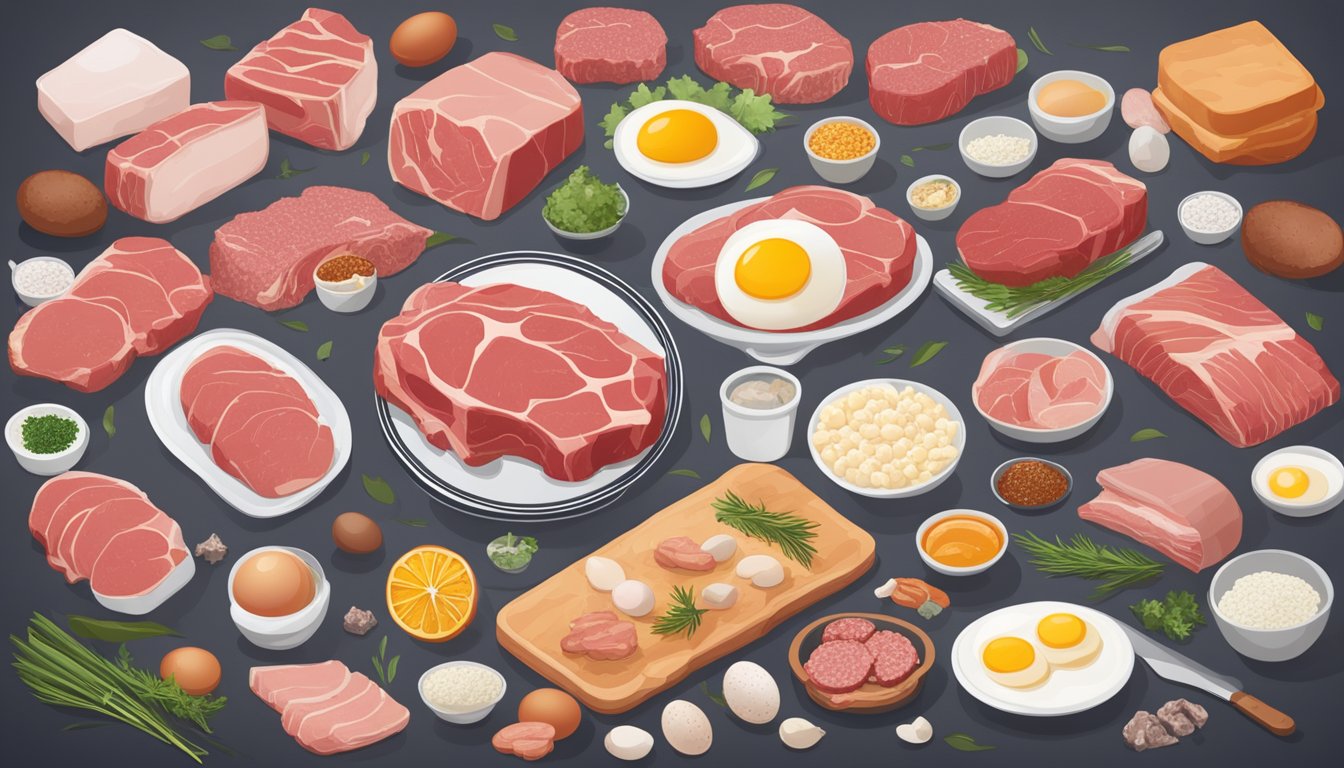 A table filled with raw meat, eggs, and animal products, surrounded by social media logos and testimonials