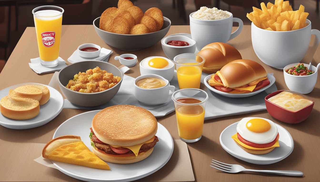 A breakfast menu featuring pricing and value deals at Wendy's, with various food items displayed on a clean, modern table setting