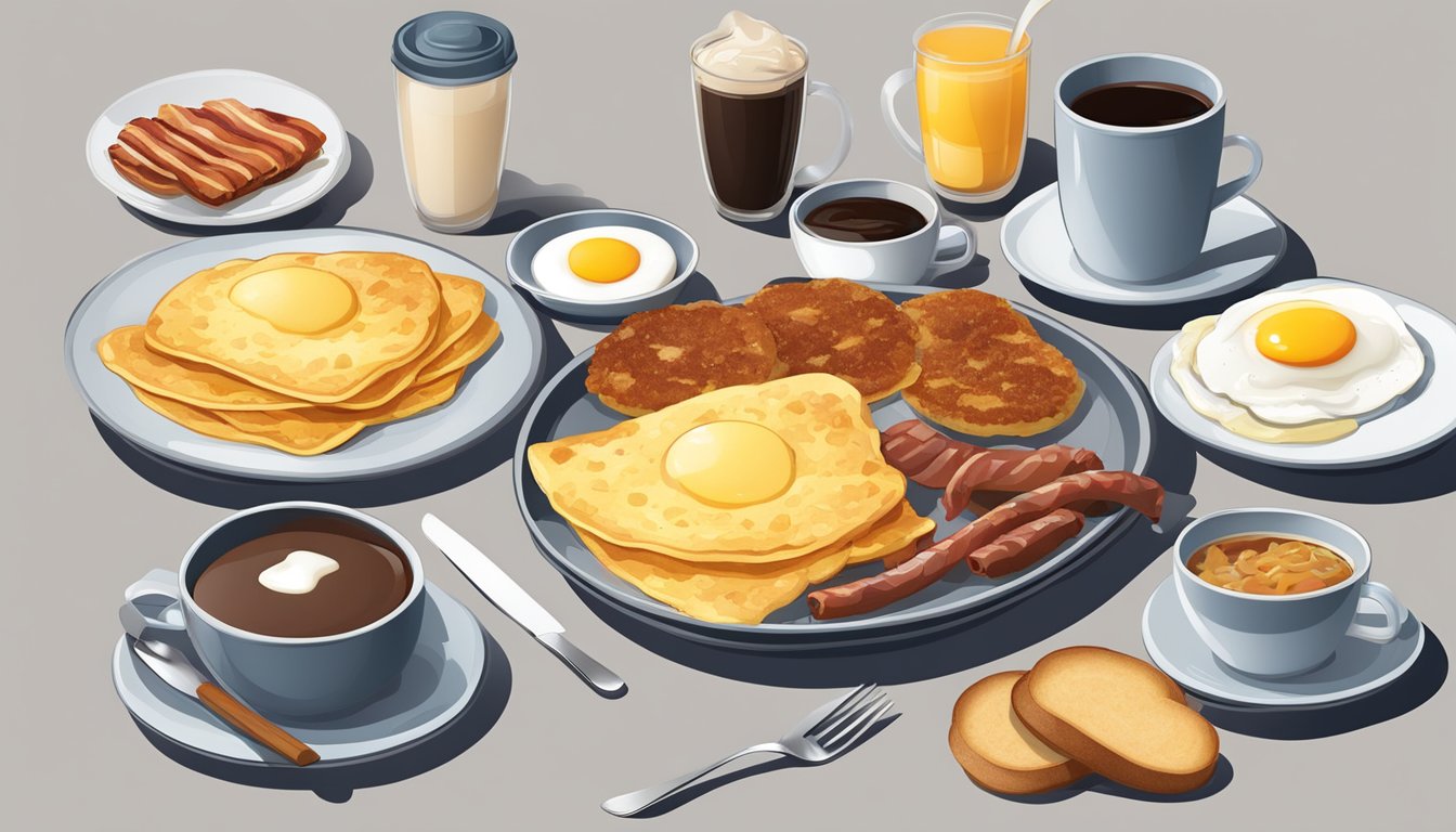 A table set with a variety of breakfast items: pancakes, eggs, bacon, sausage, hash browns, and coffee