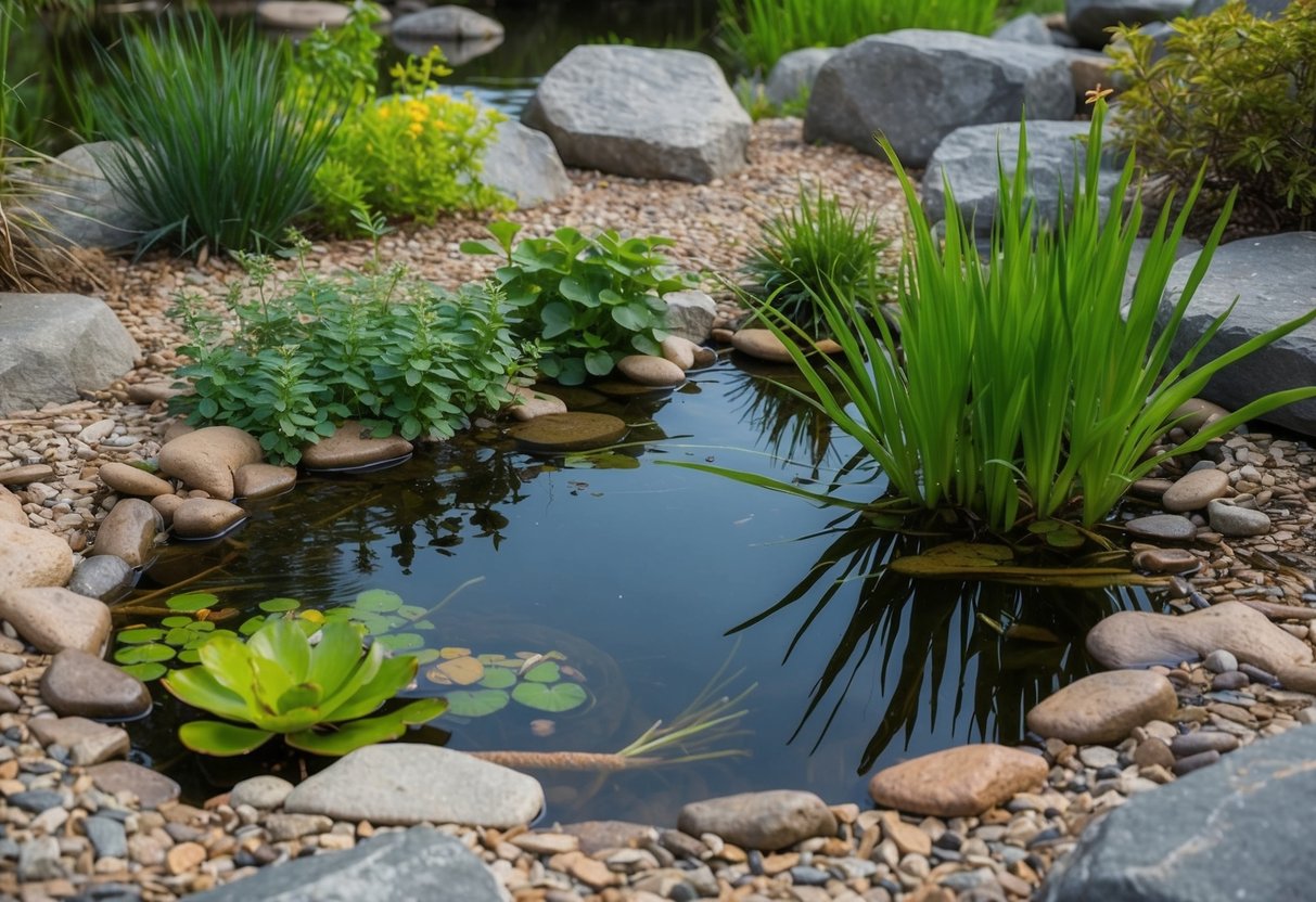 A small pond surrounded by rocks and native plants, with a shallow area for wildlife to access water and a deeper area for aquatic plants and creatures