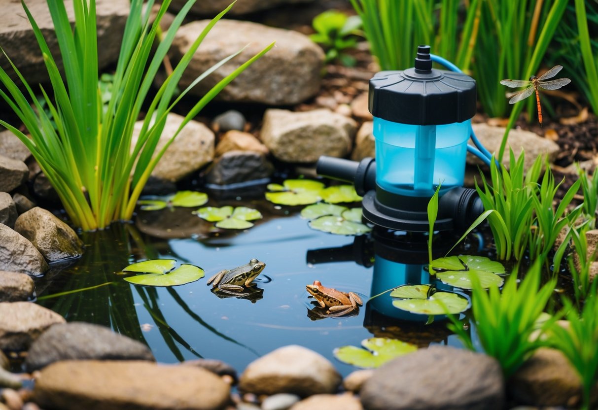 A small pond surrounded by rocks and plants, with a water pump and filter, and a variety of wildlife such as frogs, dragonflies, and water plants