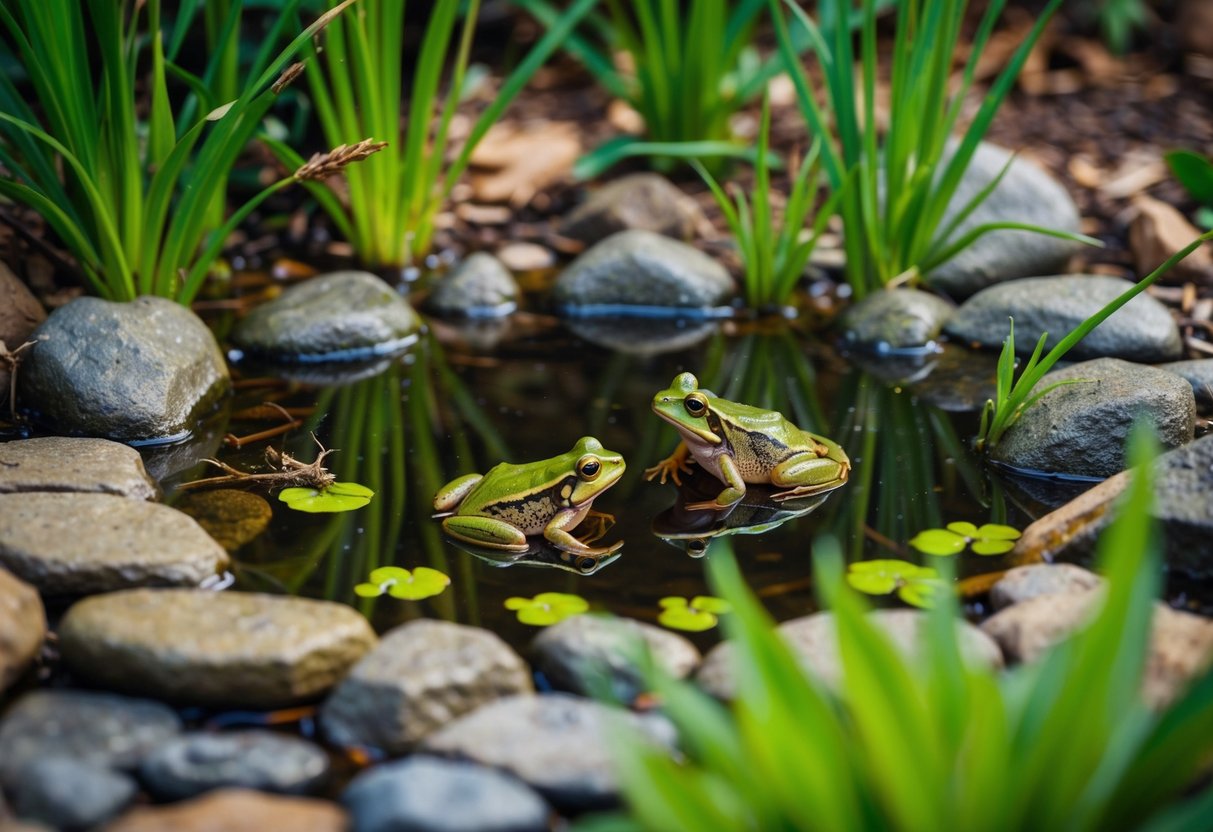 A small pond surrounded by rocks and filled with aquatic plants. Wildlife, such as frogs and insects, are attracted to the water