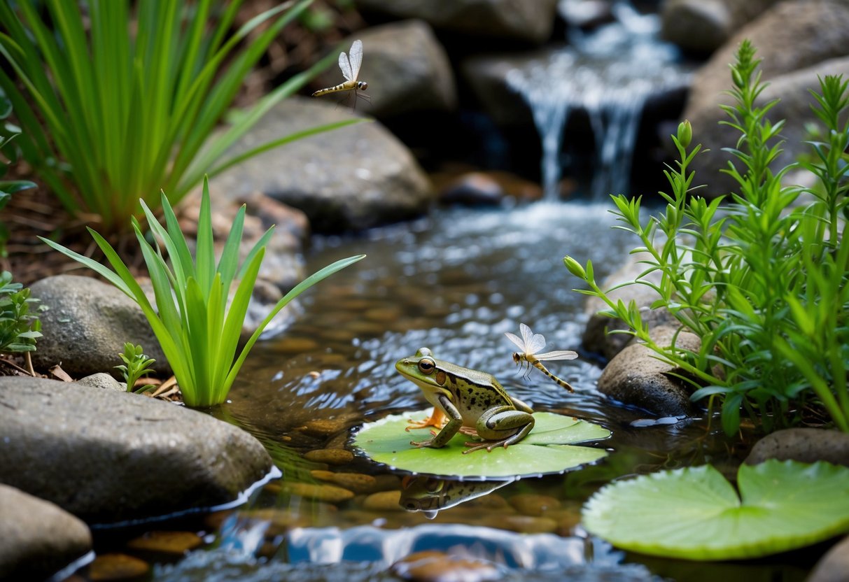 A small pond surrounded by rocks and plants, with a gentle stream flowing into it. A frog sits on a lily pad, while dragonflies hover above the water