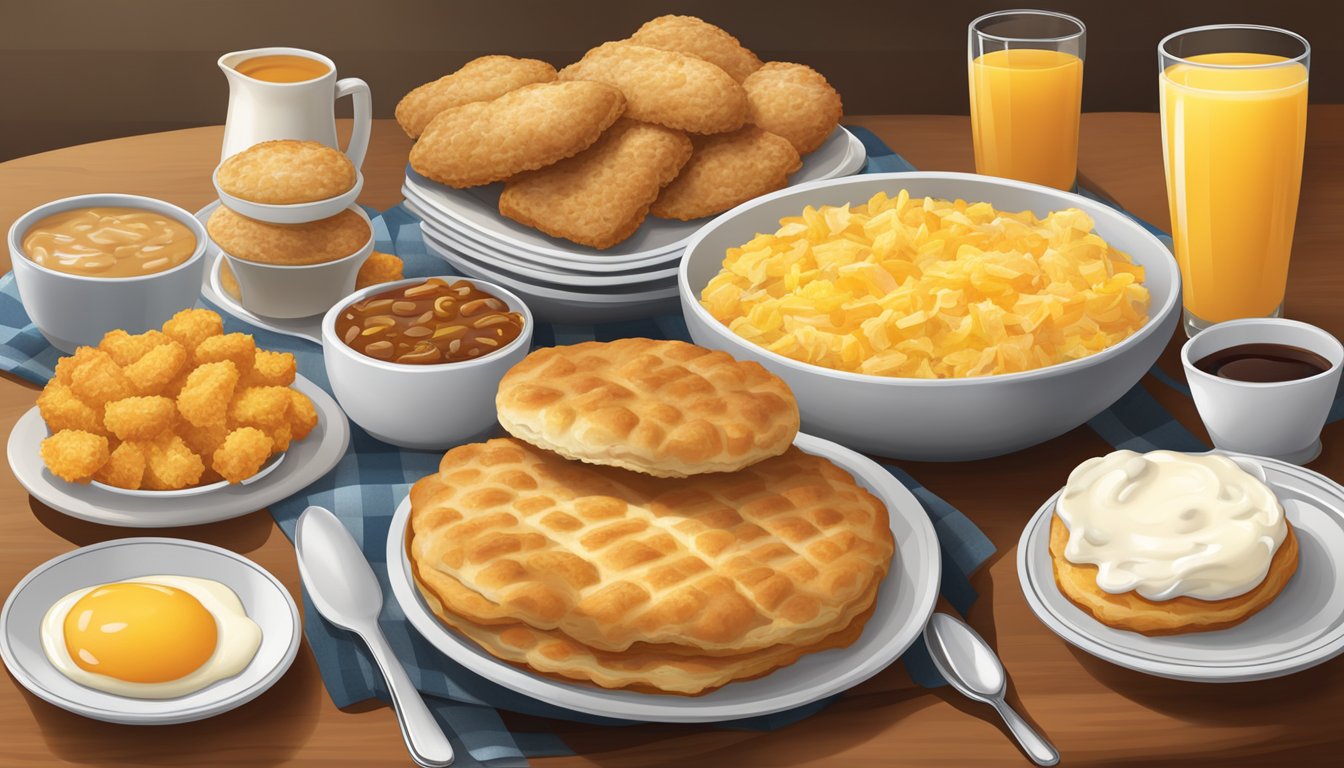 A table set with a variety of breakfast items, including chicken biscuits, hash browns, yogurt parfaits, and freshly squeezed orange juice