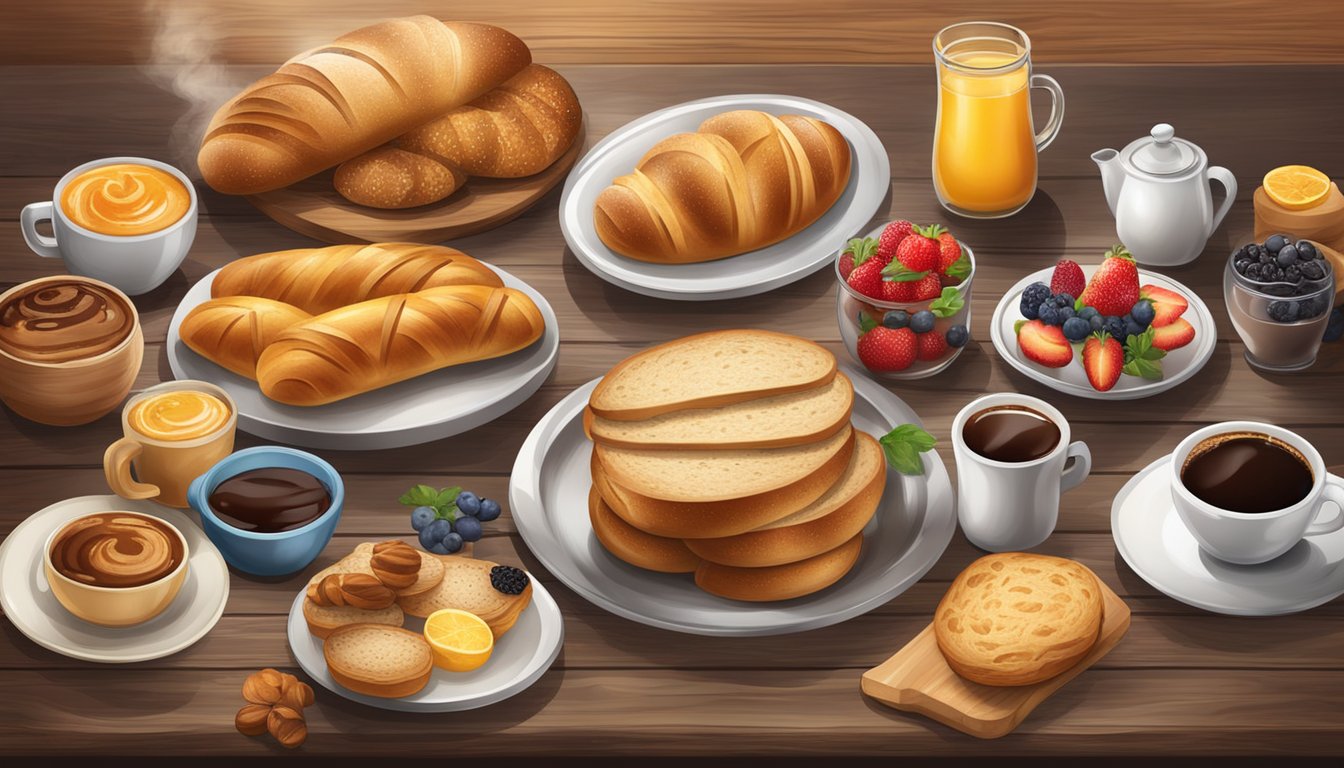 A rustic wooden table displays a variety of freshly baked bread, pastries, and spreads, accompanied by steaming cups of coffee and vibrant fruits