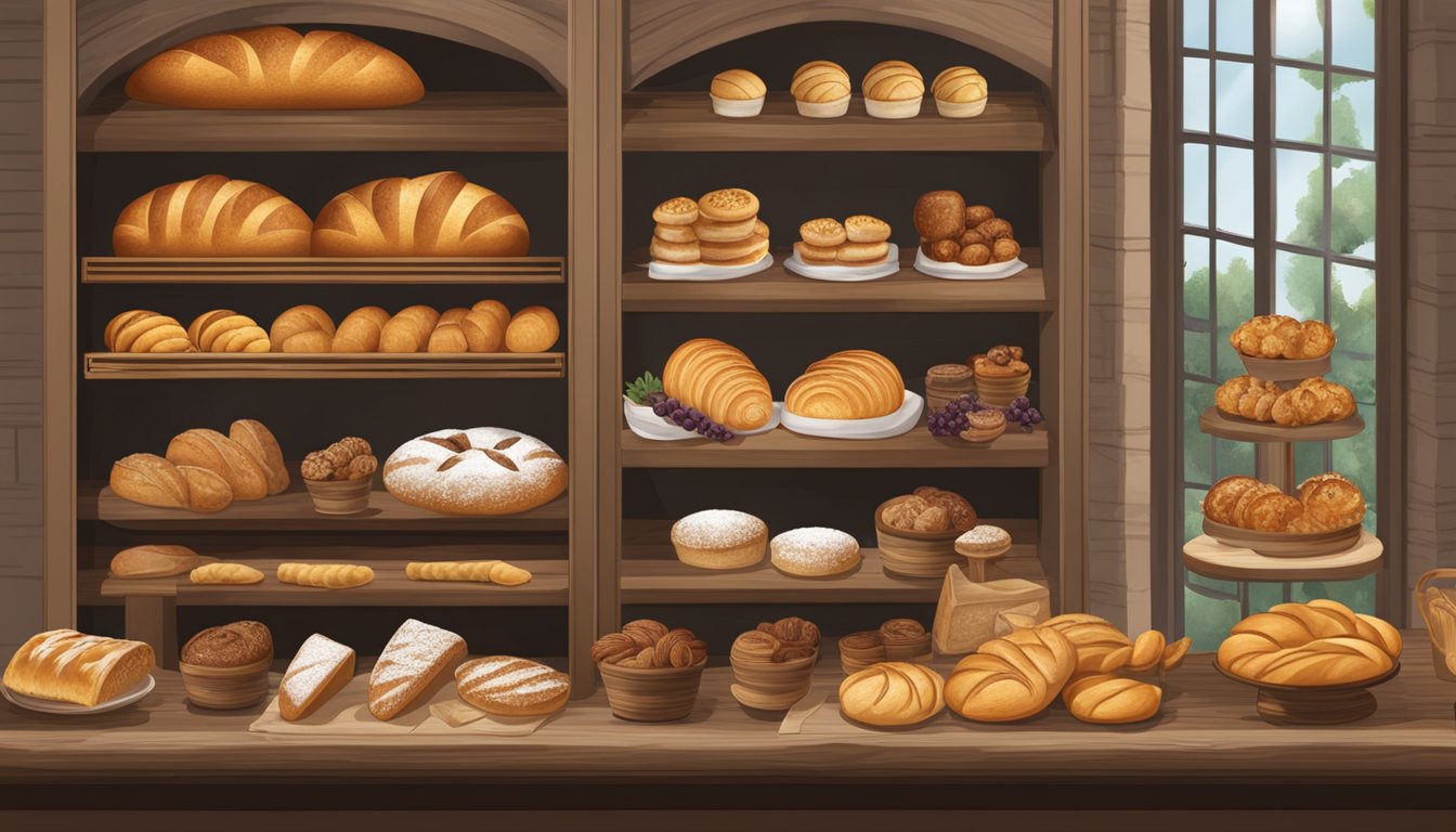 A rustic bakery display showcases artisan breads and pastries for breakfast