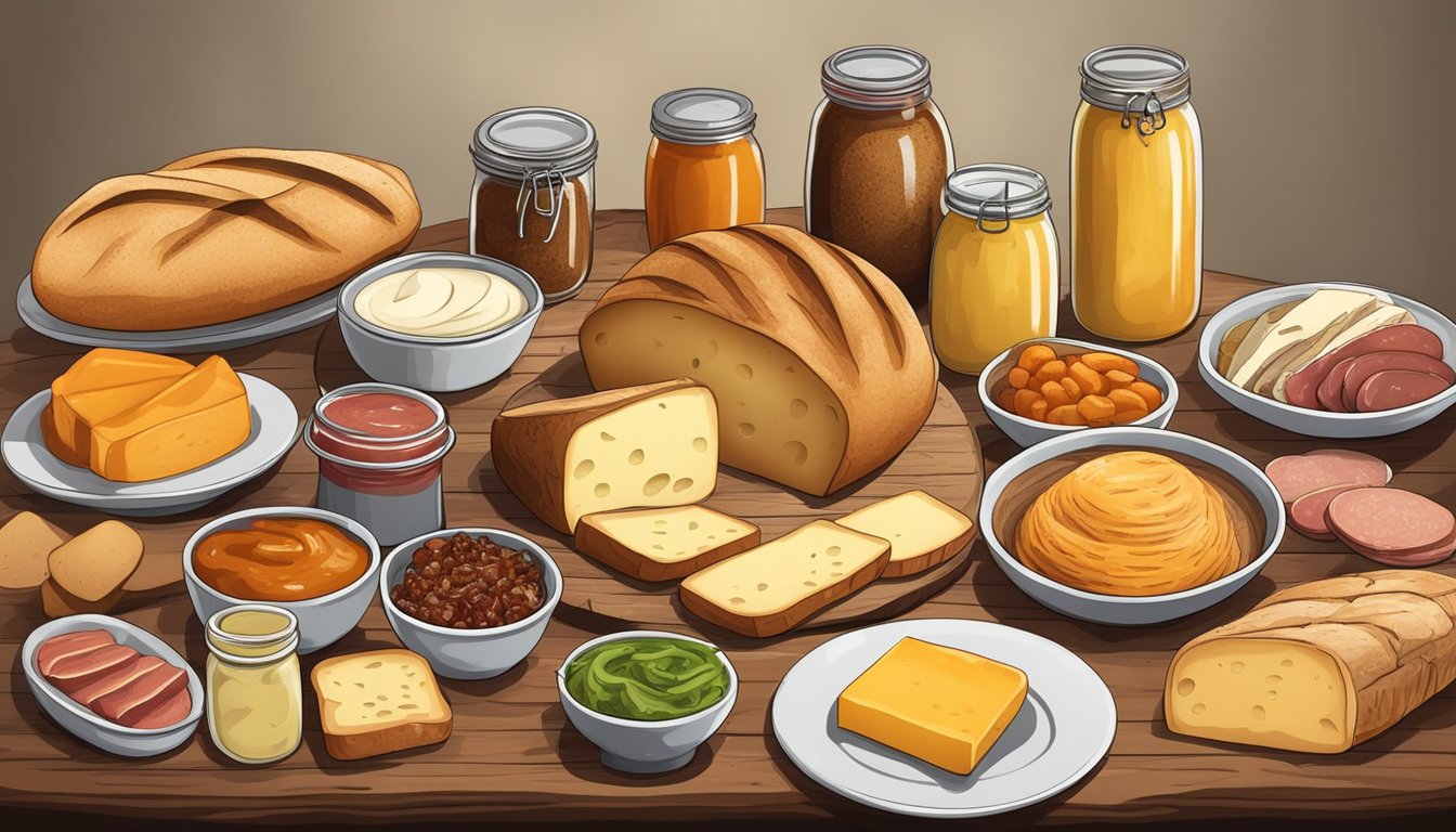 A rustic wooden table displays a variety of freshly baked bread, sliced cheeses, and assorted meats, surrounded by jars of homemade spreads and condiments