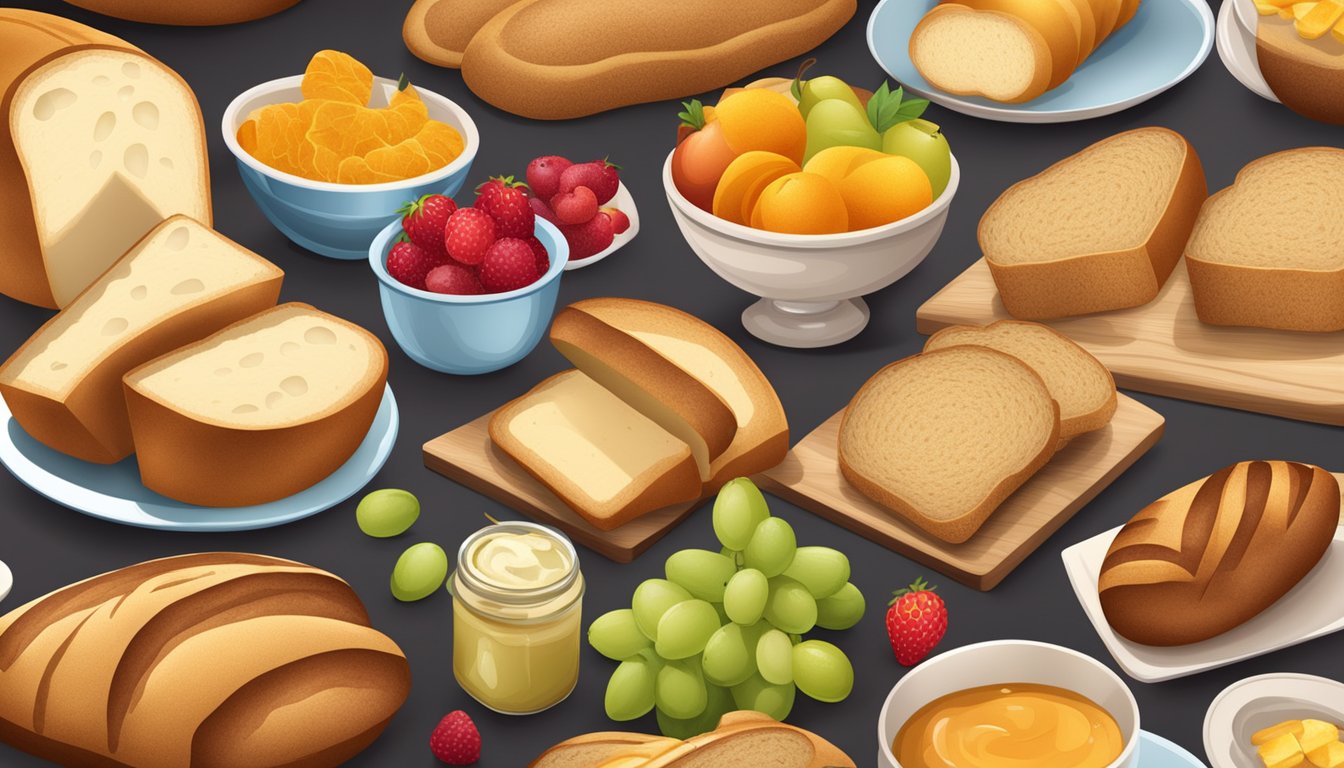 A table with a variety of freshly baked bread loaves, sliced bread, and a spread of colorful fruits and spreads