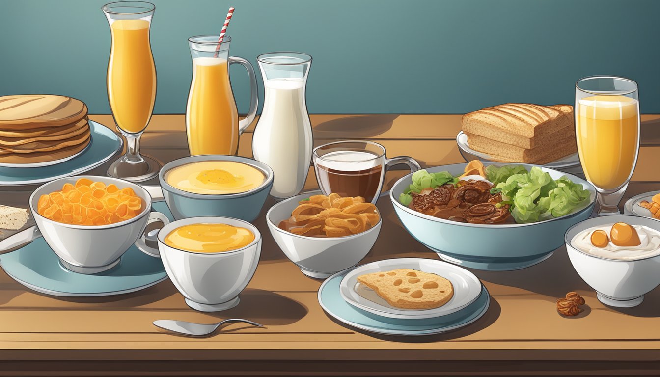 A breakfast menu with a variety of beverages and sides displayed on a table