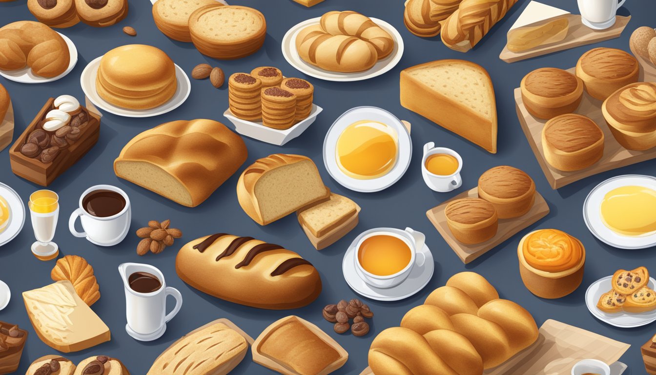 A table displaying various breads, pastries, and beverages for a breakfast menu at a bakery