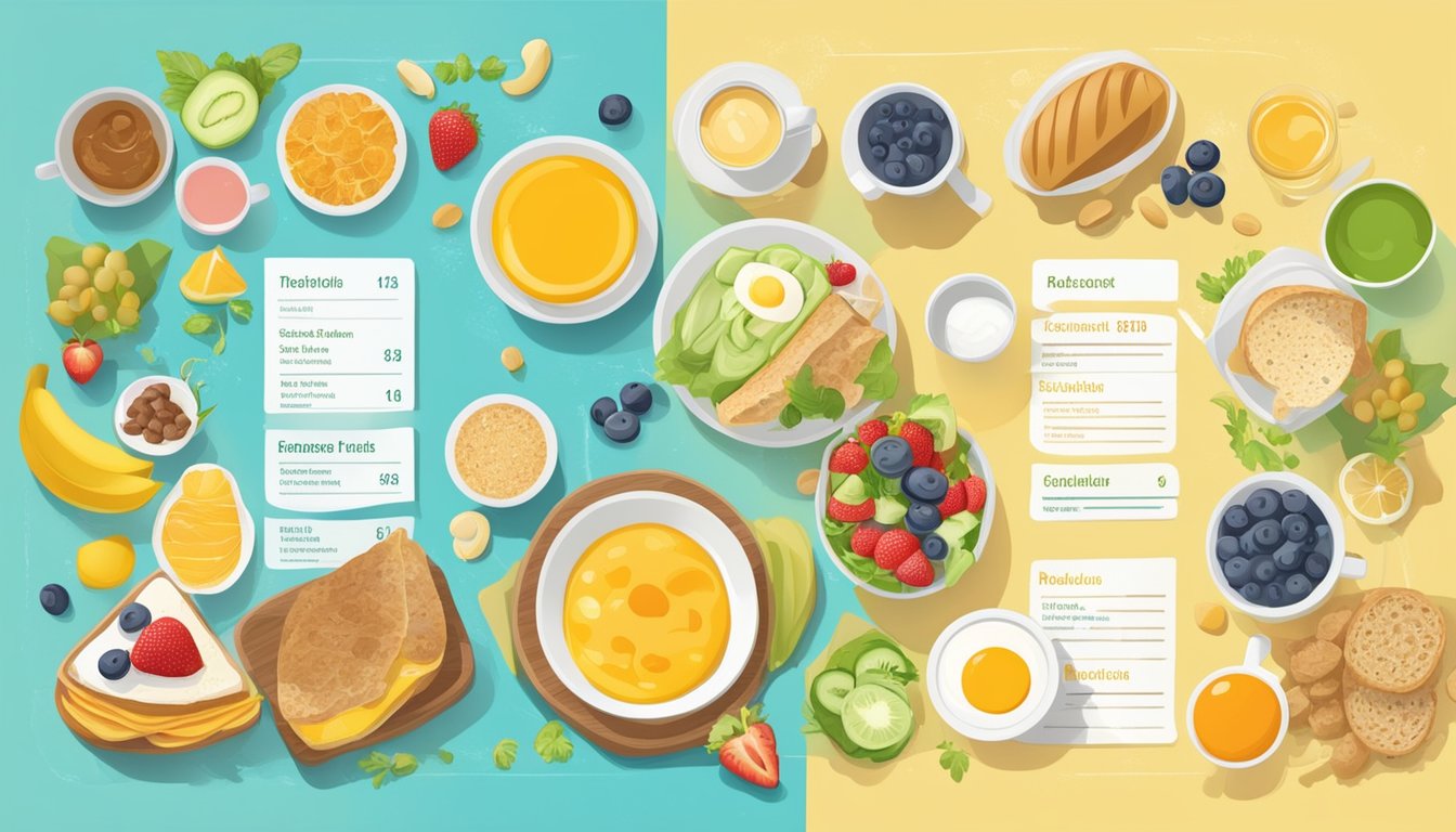 A colorful breakfast menu with various food items and corresponding nutritional information displayed