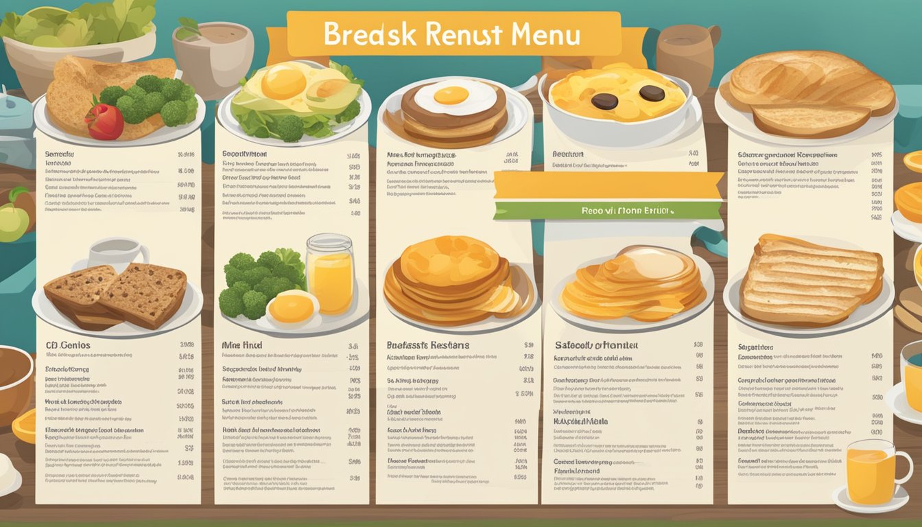 A breakfast menu with nutritional and allergen information displayed clearly