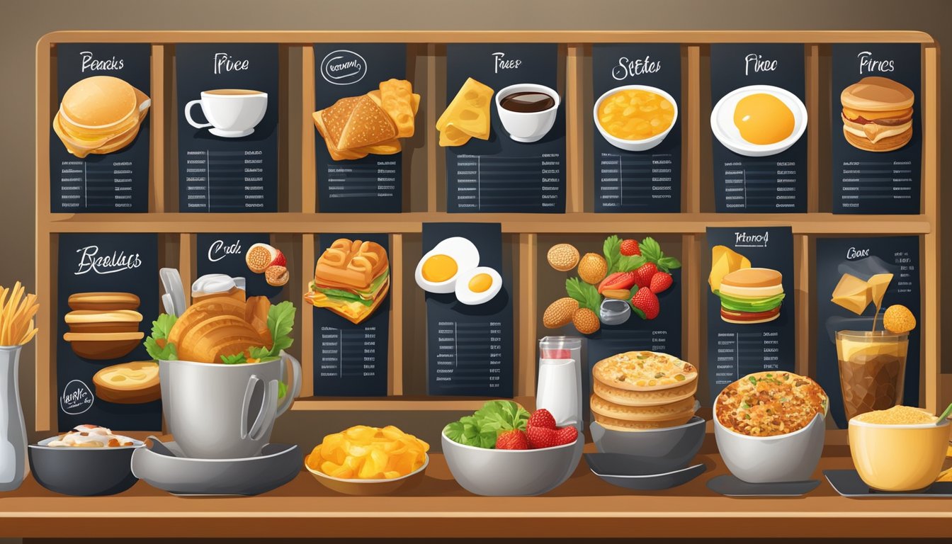 A colorful display of breakfast items on a menu board with prices