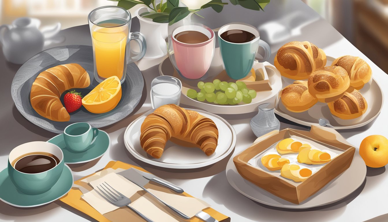 A table set with breakfast items: coffee, pastries, and fruit, with a menu displayed nearby