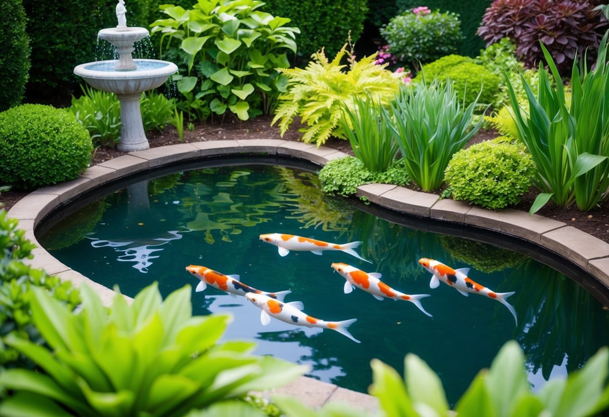 A tranquil garden pond with lush aquatic plants and colorful koi fish, surrounded by neatly trimmed greenery and a small fountain