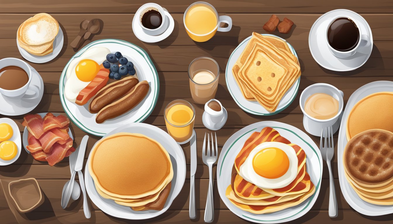 A table set with a variety of breakfast items including pancakes, eggs, bacon, sausage, and coffee